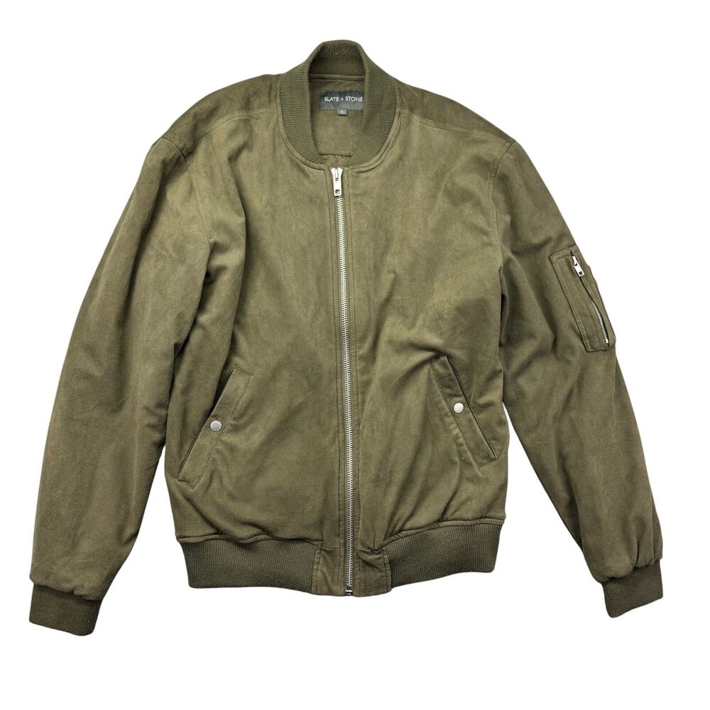 Slate & Stone Jacket Men's XL Green Full Zip Lined Bomber Faux Suede Pockets Top